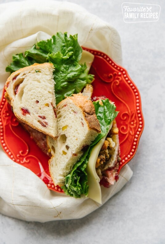 Pilgrim Sandwich cut in half with Cranberry Pistachio Hearth Bread