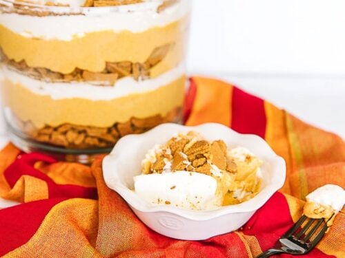 Pumpkin Trifle with crumbled ginger cookies in a dish