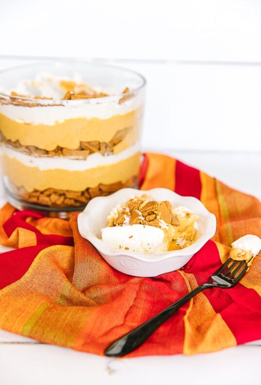 Pumpkin Trifle with crumbled ginger cookies in a dish