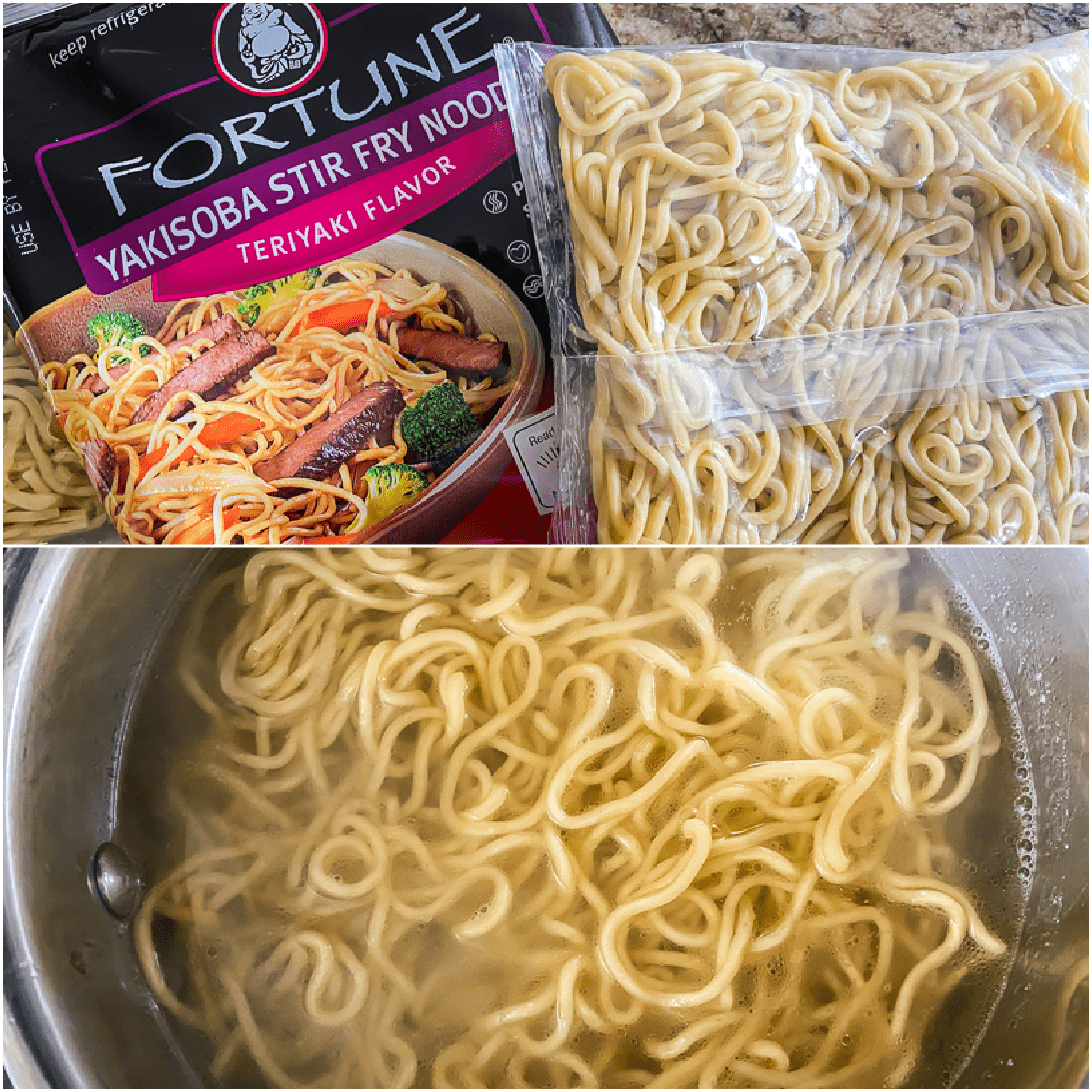 Yakisoba noodle collage, before and after being cooked