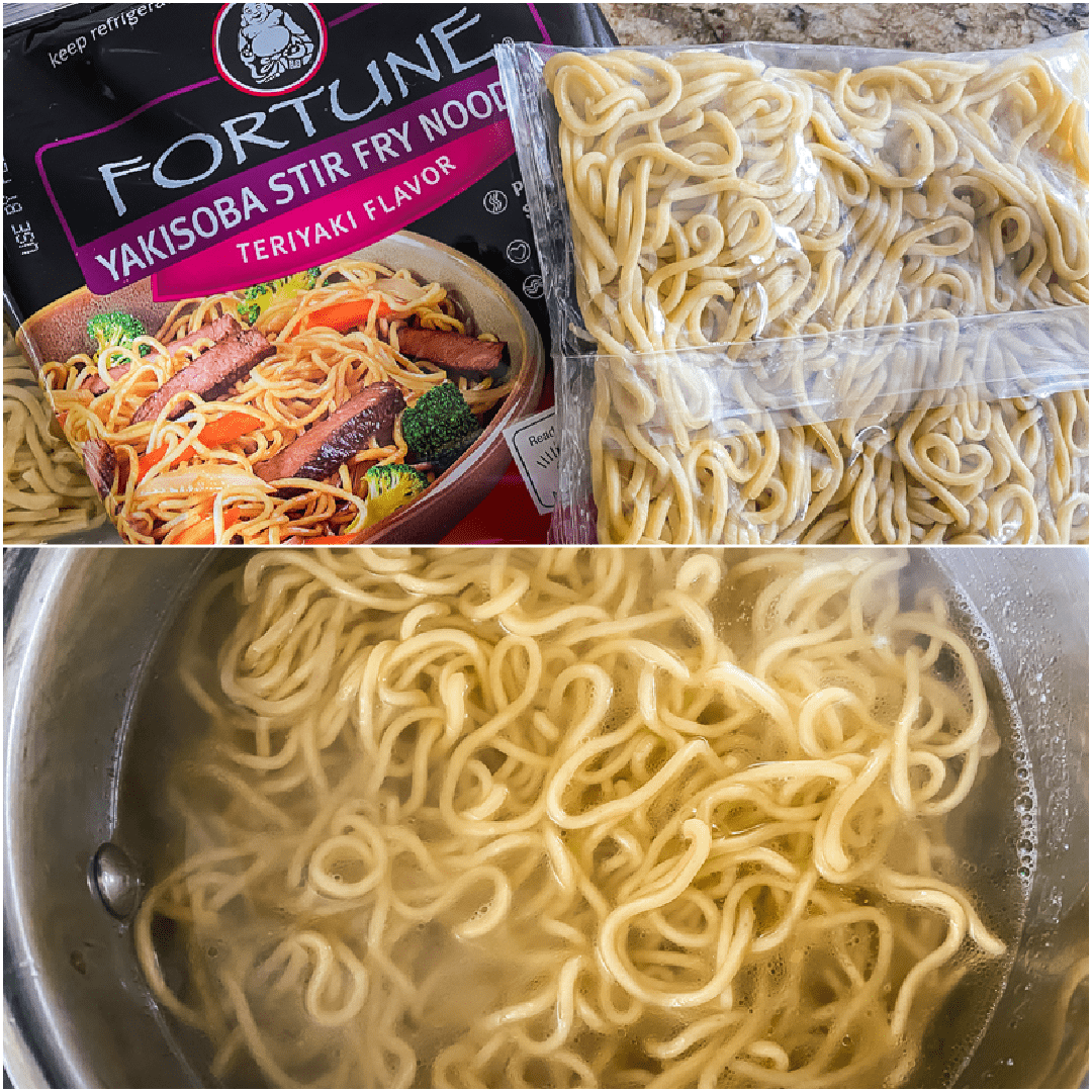 Yakisoba noodle collage, before and after being cooked.