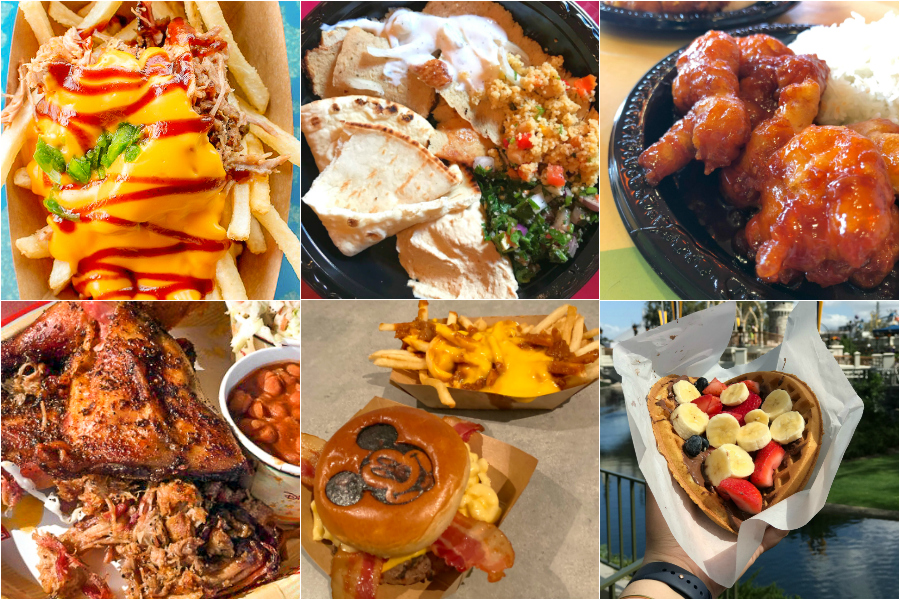 Collage of entree items from quick service restaurants at Walt Disney World.