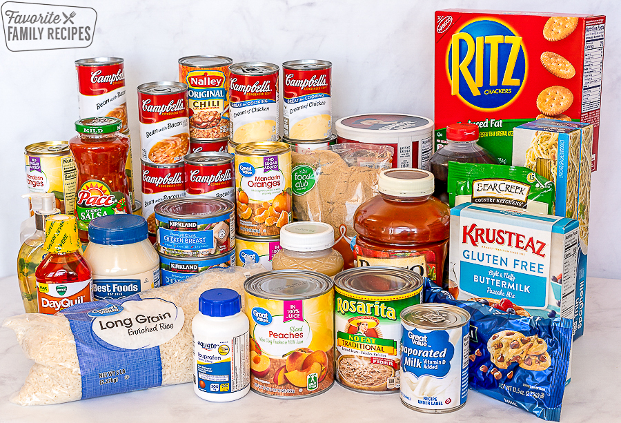 A variety of dry storage items for food storage stacked on a table.