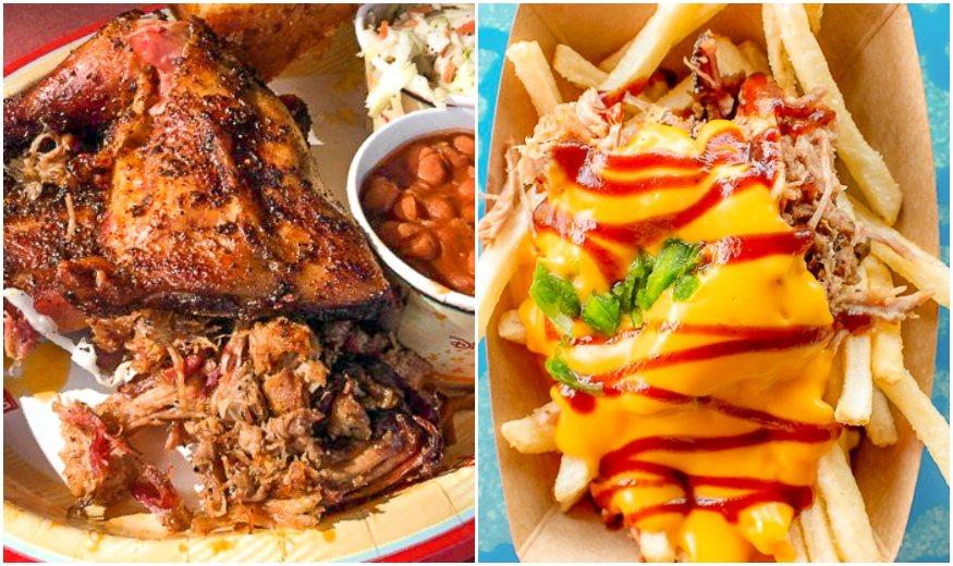 Two photos with BBQ chicken and loaded fries. 