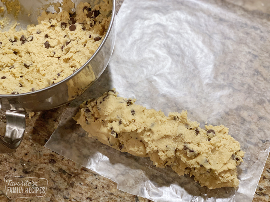 Cookie dough in a loaf for freezing 