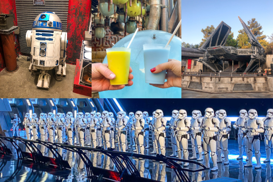 A collage of things you can find in Galaxys Edge - R2D2, green milk and blue milk, spaceships, and Stormtrooper.