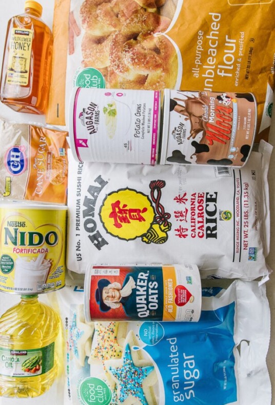 Long term food storage products - rice, dry mil, flour oats, honey, oil, flour