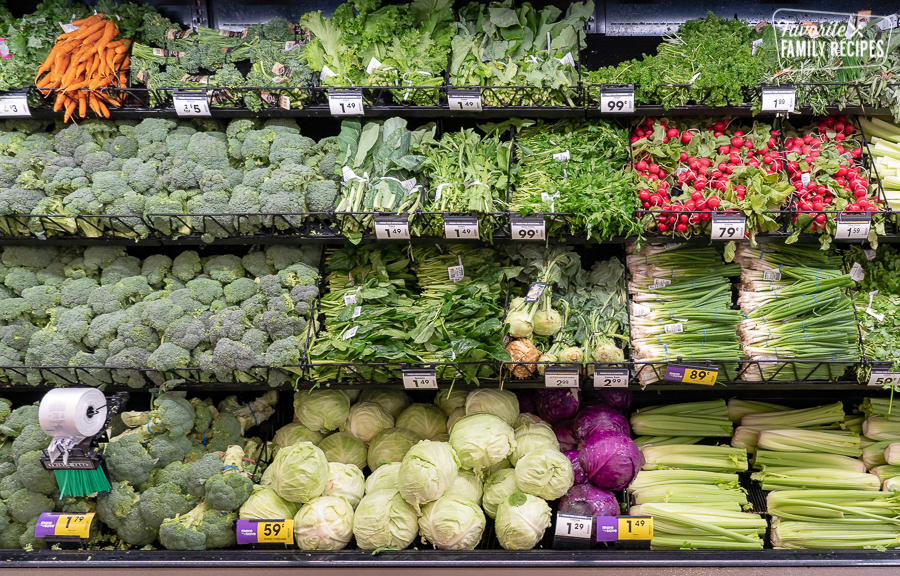 Produce on the grocery store shelves.