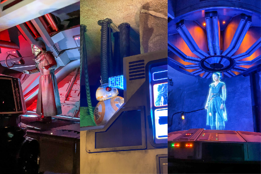 A collage of pictures from the Rise of the Resistance attraction in Galaxy's Edge - including Kylo Ren, Rey, and BB8.