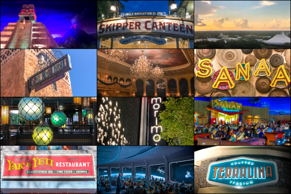 Signs from several restaurants across Walt Disney World