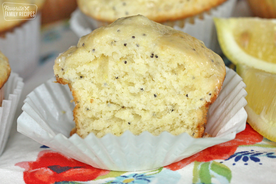 Poppy seed muffin sliced down the middle to show the delicious interior