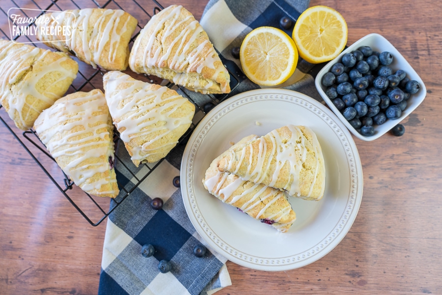 lemon blueberry scones on a cooling rack