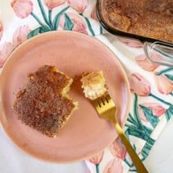 Sopapilla Cheesecake Bars on a pink plate with a bite out of it.