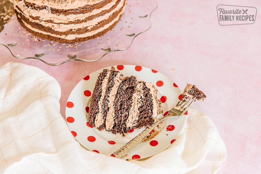 A slice of twice chocolate torte on a white plate with red polka dots.