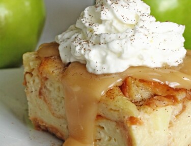 Bread pudding with caramel sauce and whipped cream