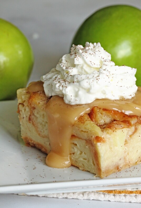 Bread pudding with caramel sauce and whipped cream