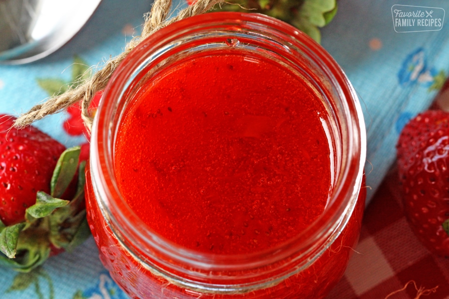 Close up of strawberry freezer jam to show texture