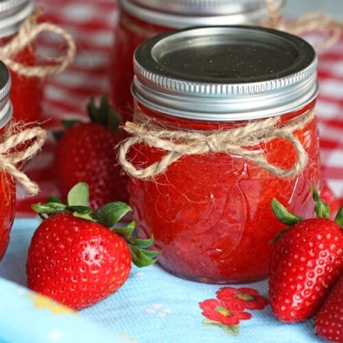 Close up of freezer jam in a jar