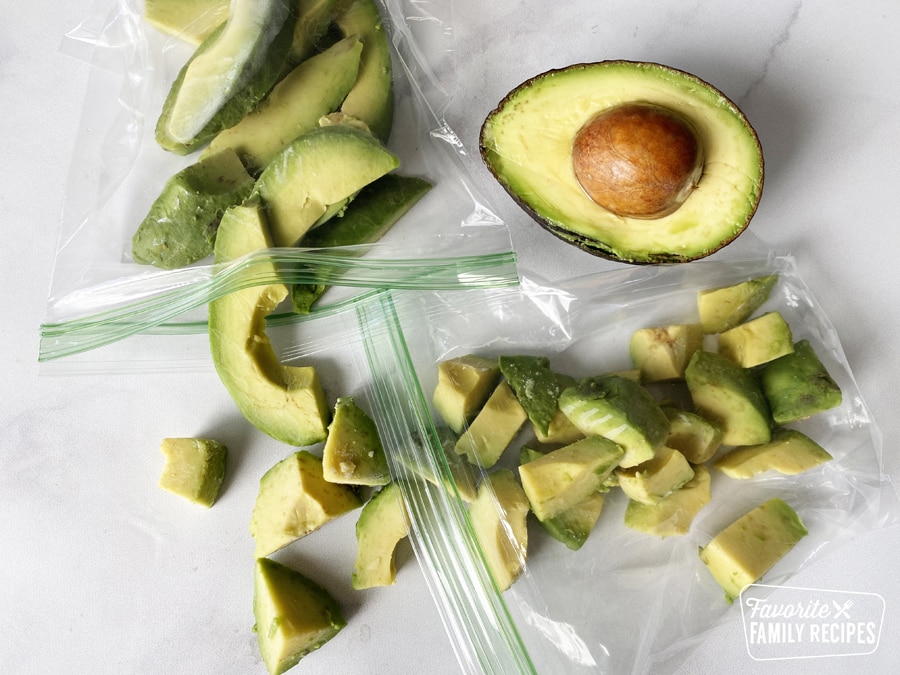 Diced avocado in freezer bags to freeze