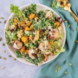 Endorian roasted chicken salad on a plate with a gold fork