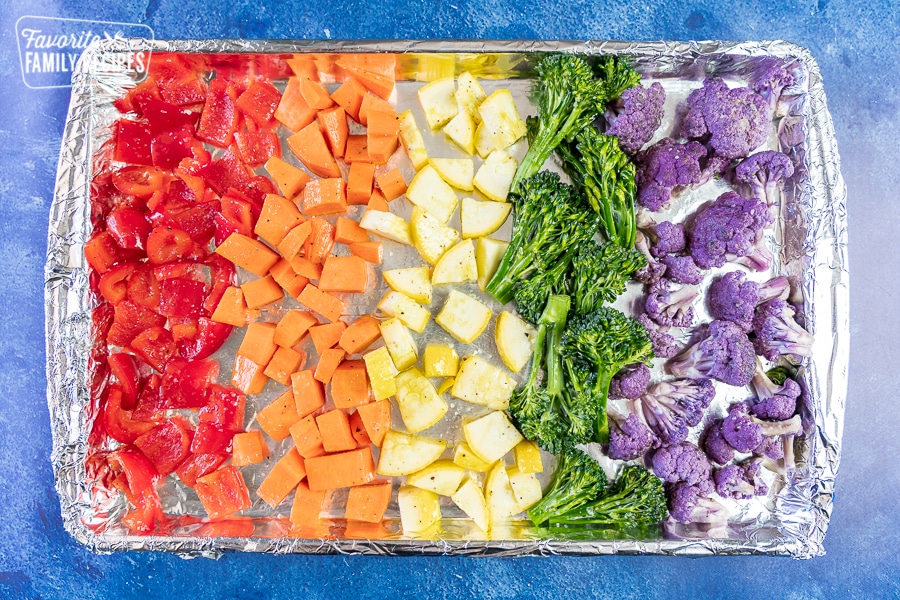A baking sheet with the rainbow of veggies on it. 