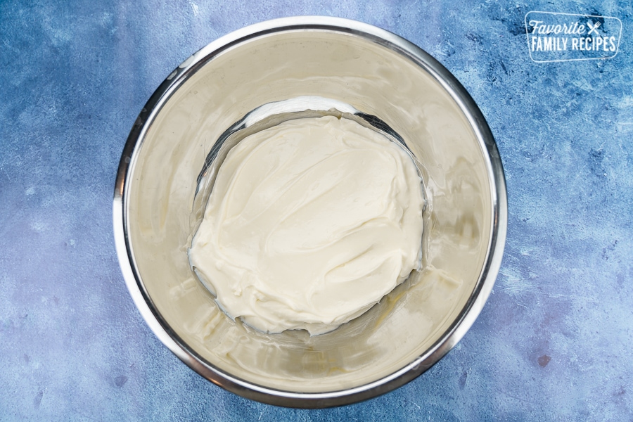 Cream cheese mixture in a silver bowl