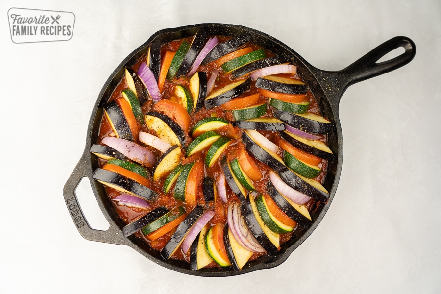 Ratatouille right before it goes in the oven so the veggies are still raw.