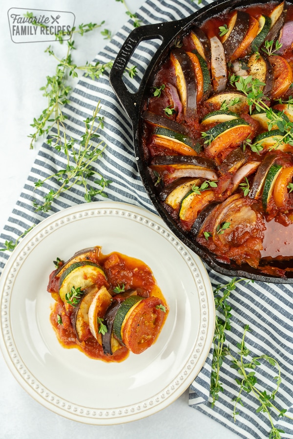 Ratatouille on a white plate.