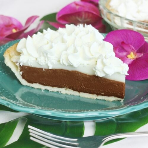 chocolate haupia pie on a plate