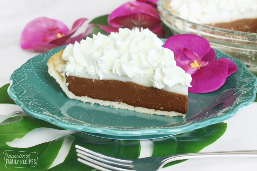 Perfect slice of chocolate haupia pie on a plate