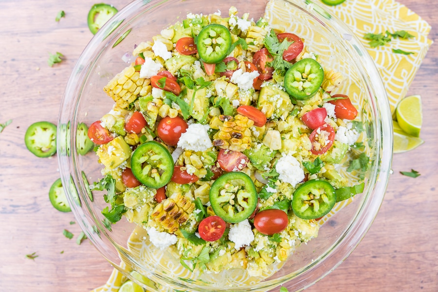 Grilled corn salad in a glass bowl