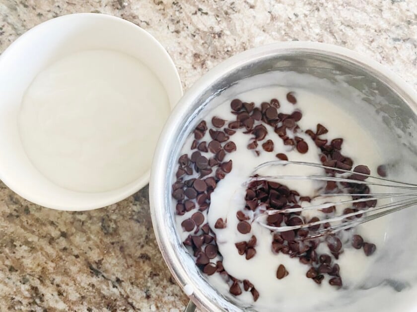 plain haupia with saucepan of haupia with chocolate chips