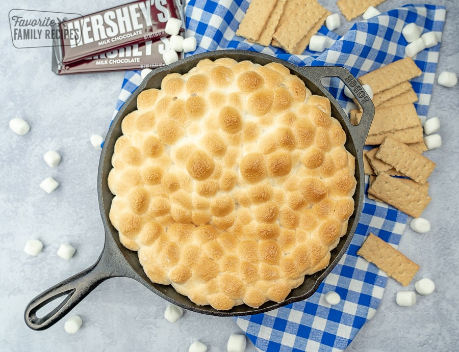 s'mores dip in a pan with graham crackers