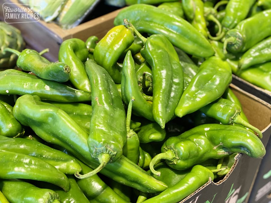 Hatch chiles in boxes.