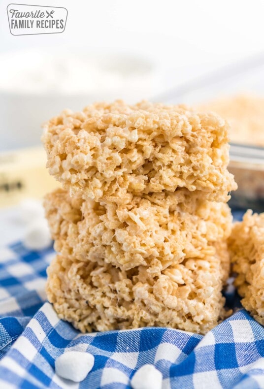 Microwave rice krispie treats stacked on top of each other.