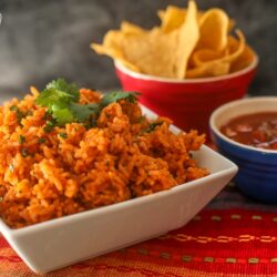 Authentic Restaurant Mexican Rice served with salsa and chips