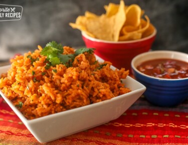 Authentic Restaurant Mexican Rice served with salsa and chips