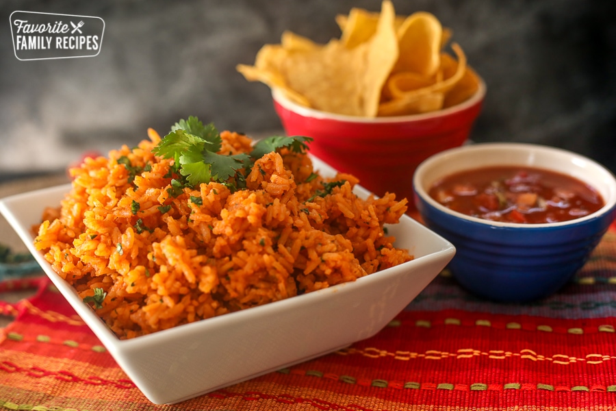 Authentic Restaurant Style Mexican Rice served with salsa and chips