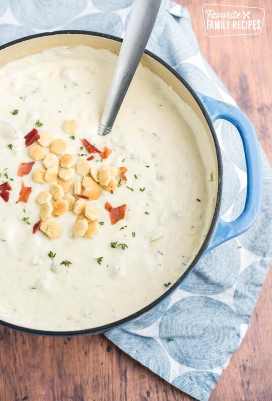 Clam chowder in a blue pot