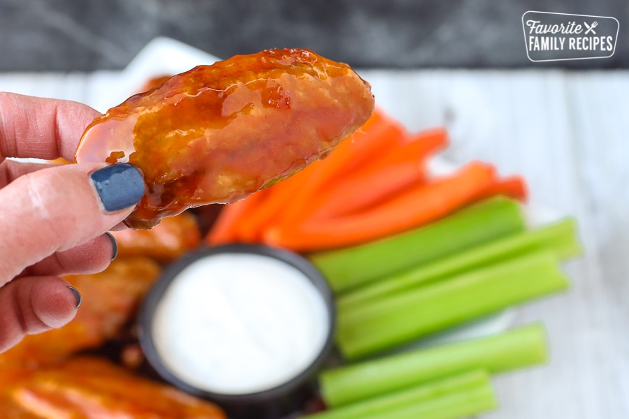 Close up view of a cooked chicken wing