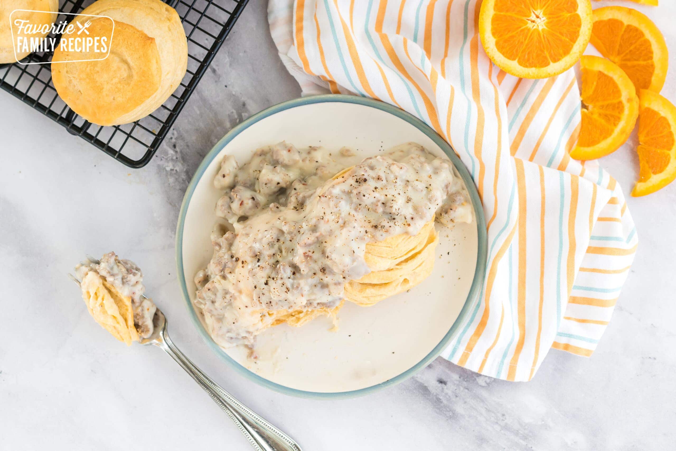 Biscuits and gravy on a plate