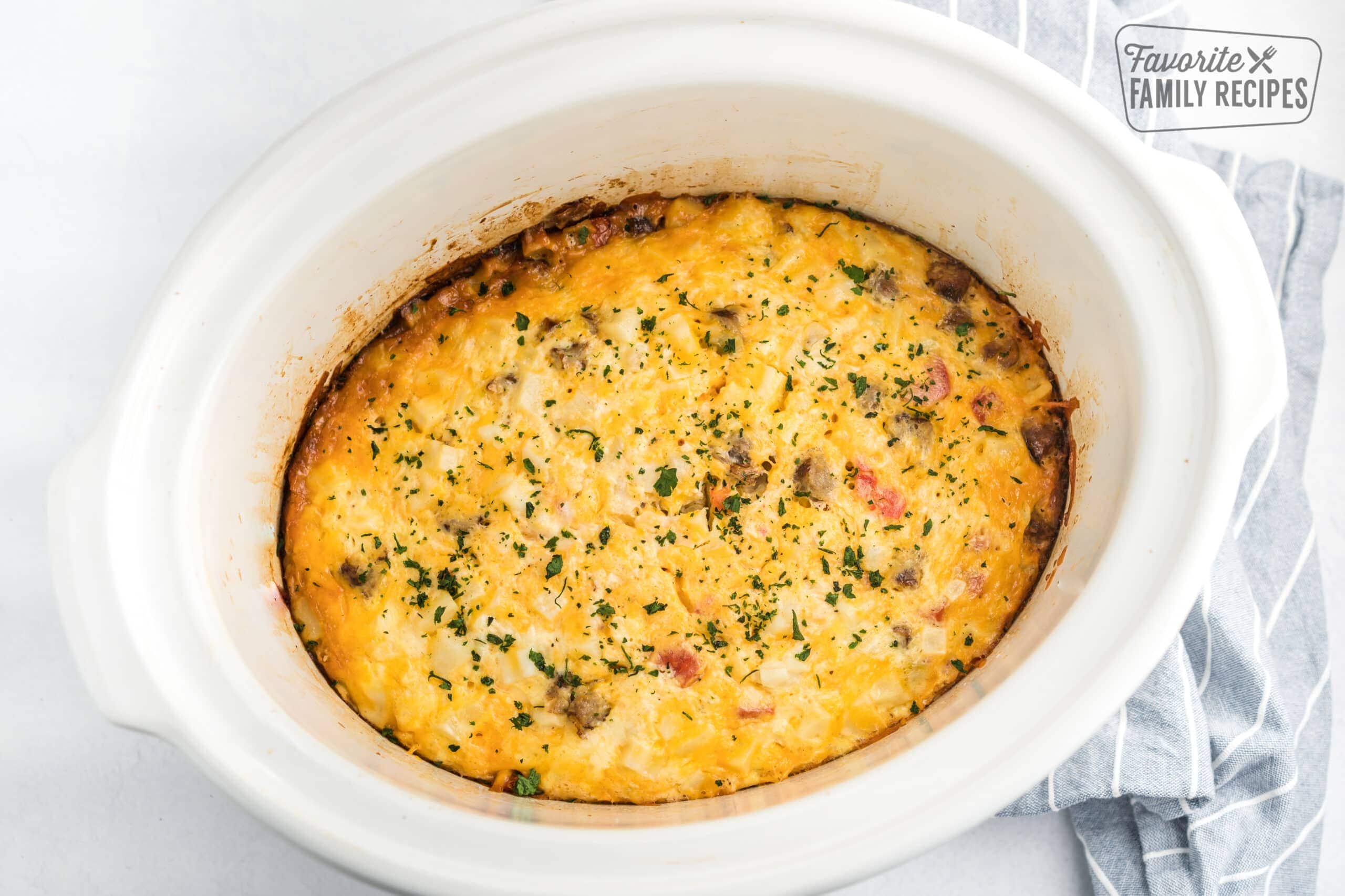 Crock pot breakfast casserole in a crockpot. 