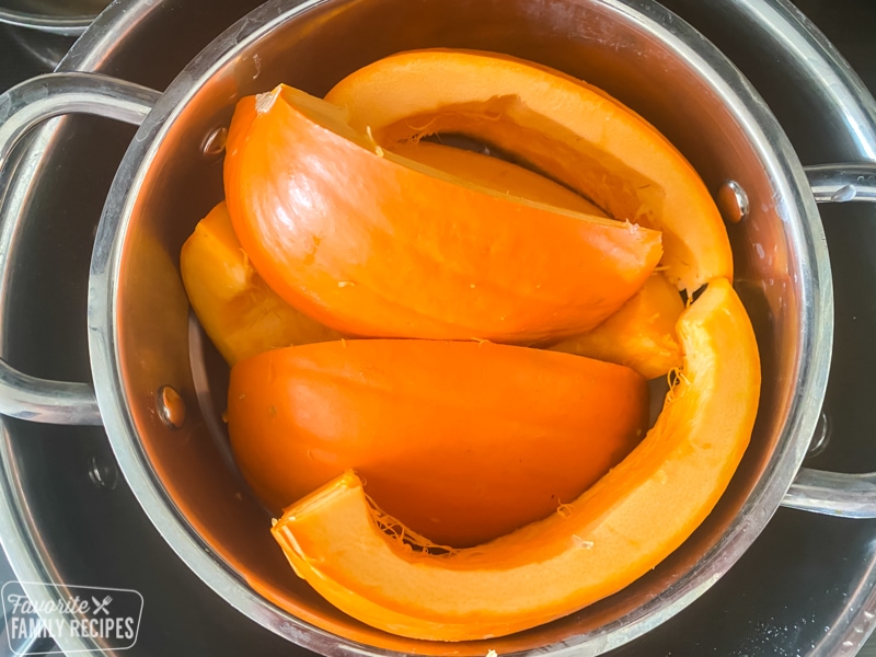 Pumpkin slices in a steamer.