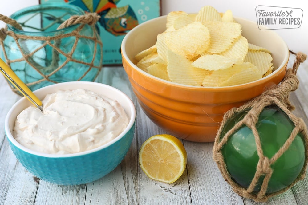 Clam Dip next to a bowl of Potato Chips.