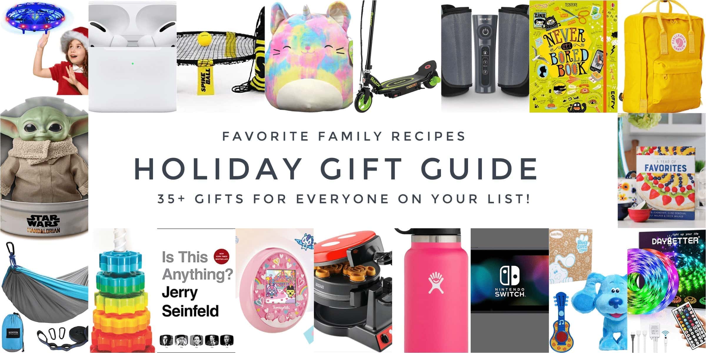 Holiday gift guide images of gifts. 