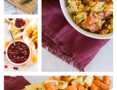 A collage of Thanksgiving sides including potatoes, stuffings, cranberry sauce, and roasted vegetables