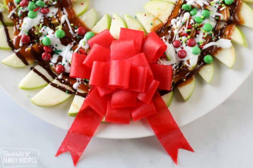 Close up of candy bow made with fruit by the foot