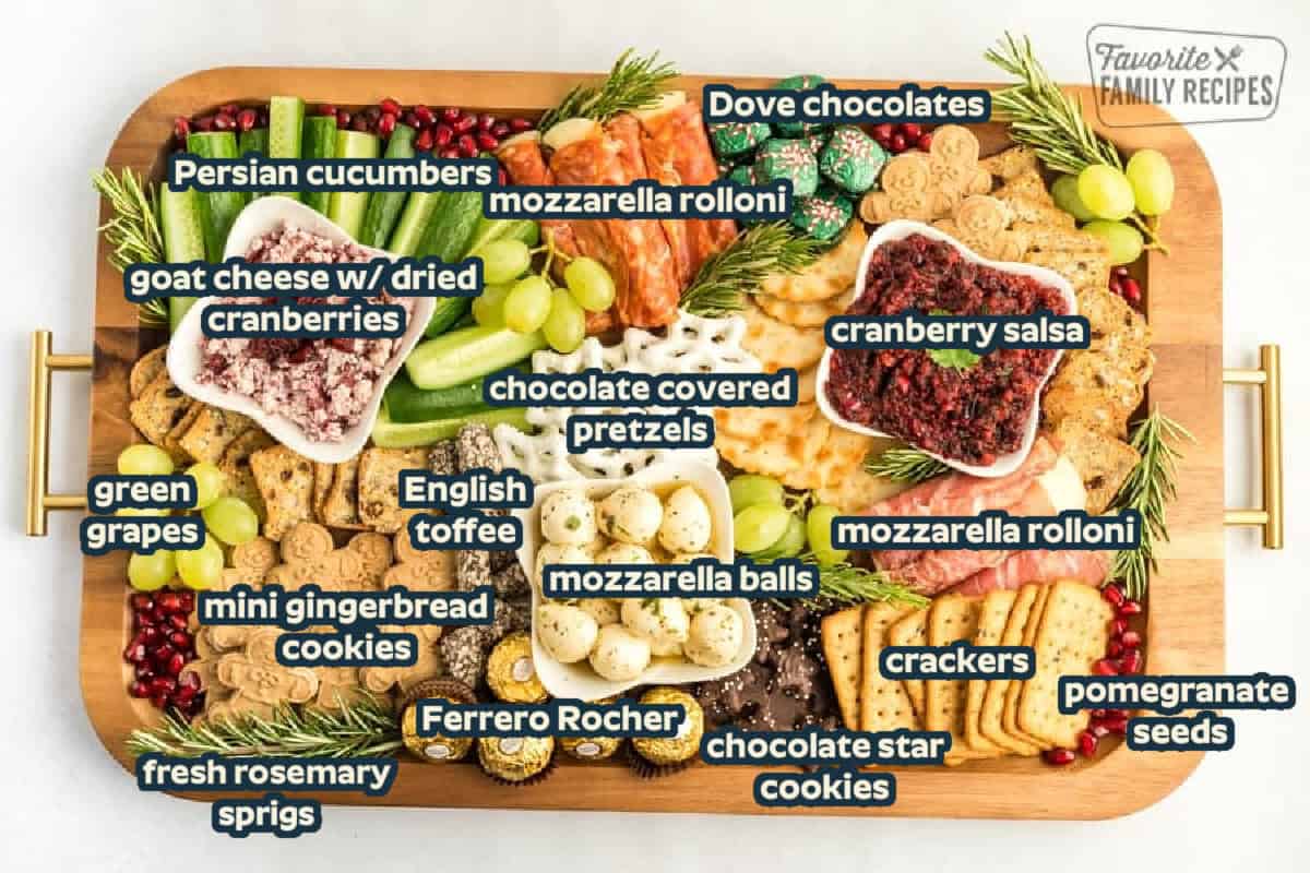 A Christmas Charcuterie Board on a wooden tray