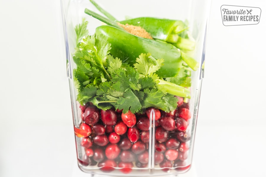 Cranberries, cilantro, jalapeno, green onions, and cumin in a blender