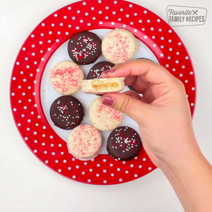 Dipped Ritz cookies on a plate